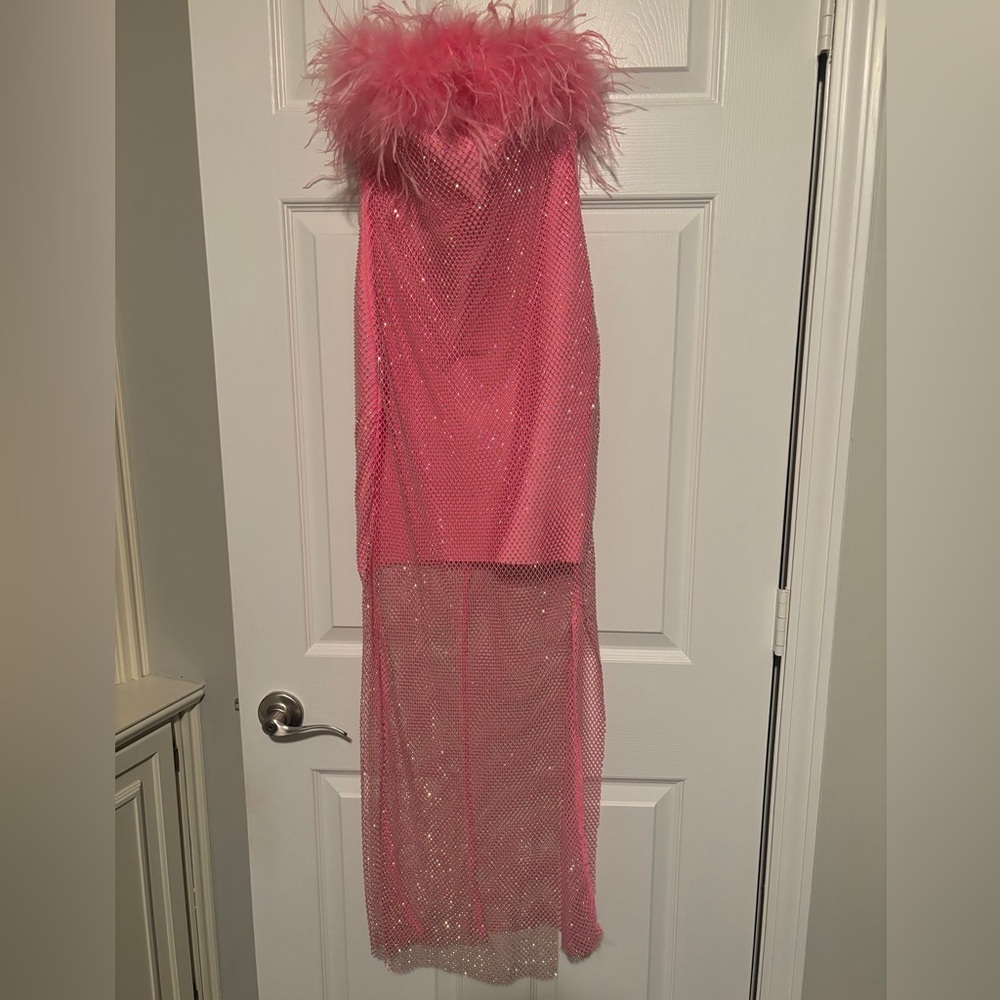Mewmews Barbie Mesh Rhinestone Maxi Bandage Dress In Hot Pink - Picture 6 of 8